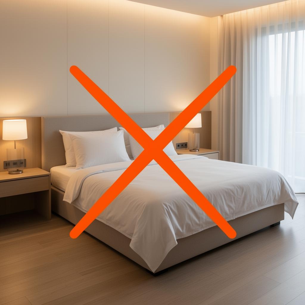 Bedroom with a bed and a bold orange X over it