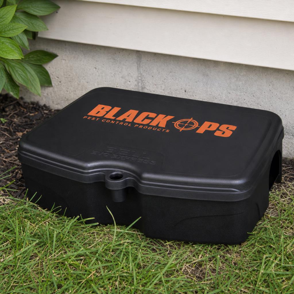 Black tamper-resistant rodent bait station with Black Ops branding