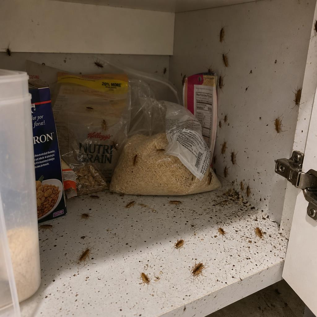 German cockroaches infesting a kitchen cabinet
