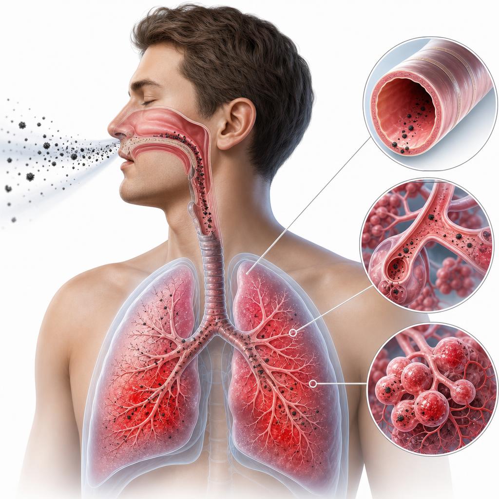 Medical illustration of cockroach allergens being inhaled into human lungs