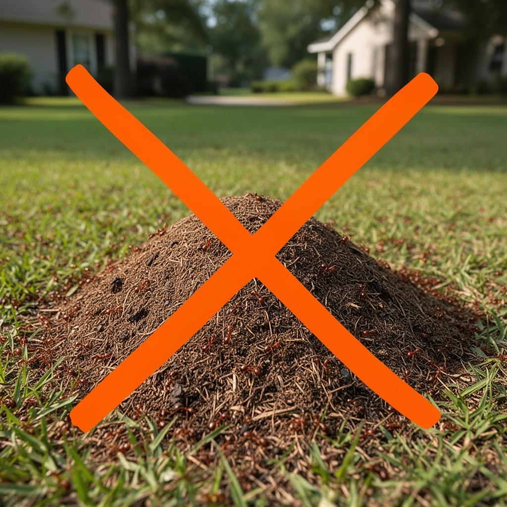 Fire ant mound in a yard with a bold orange X over it
