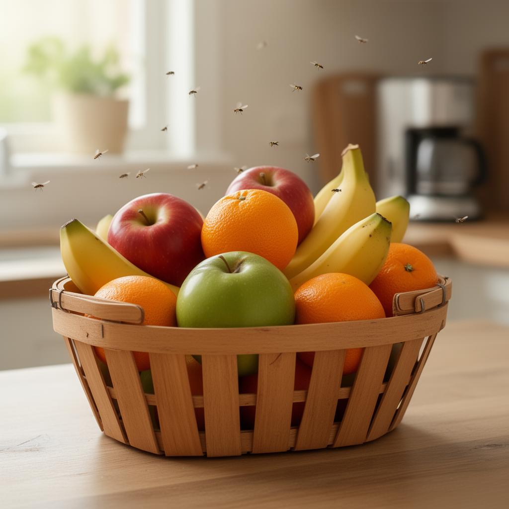 Fruit flies buzzing around a kitchen fruit basket