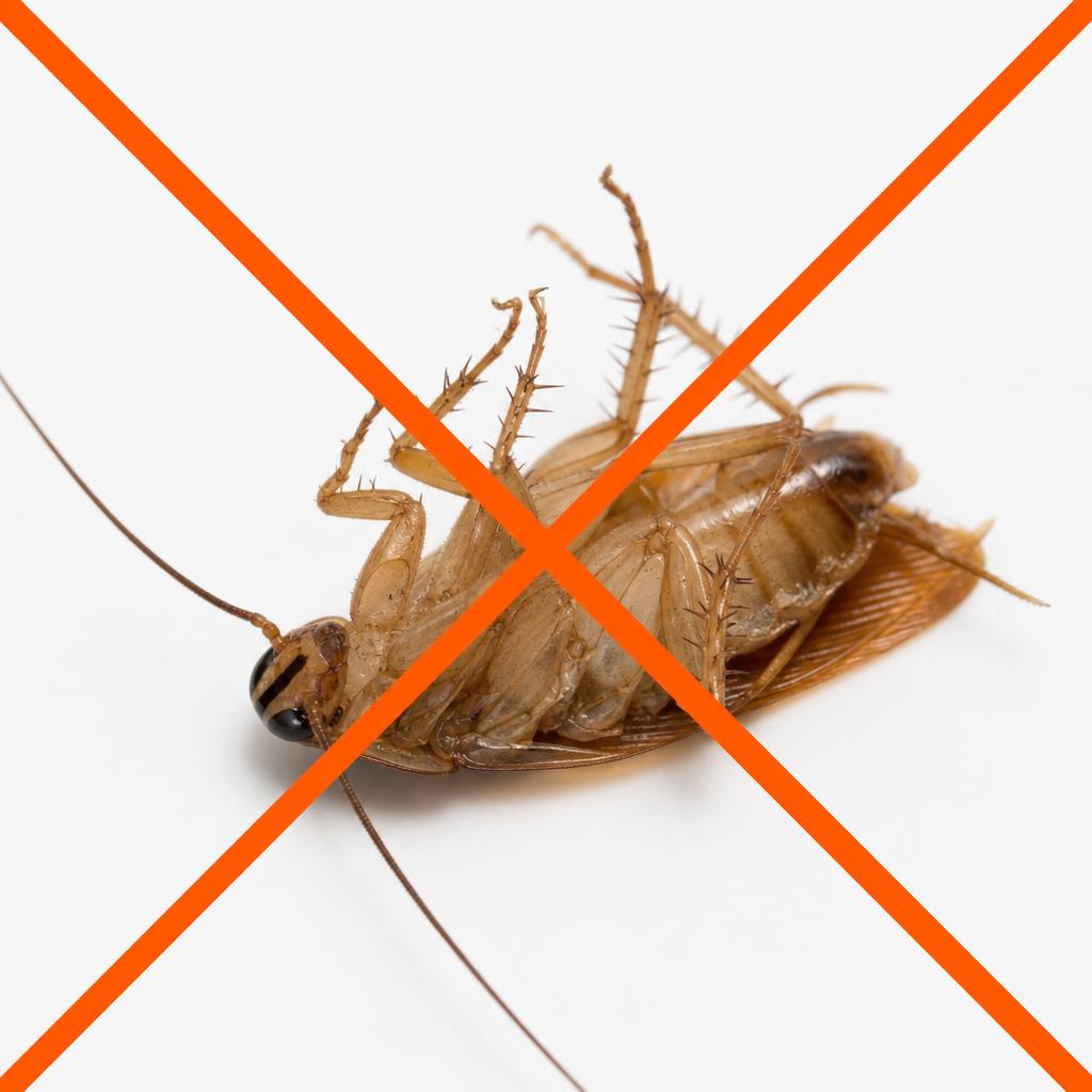 Dead upside-down German cockroach with a bold orange X over the entire image