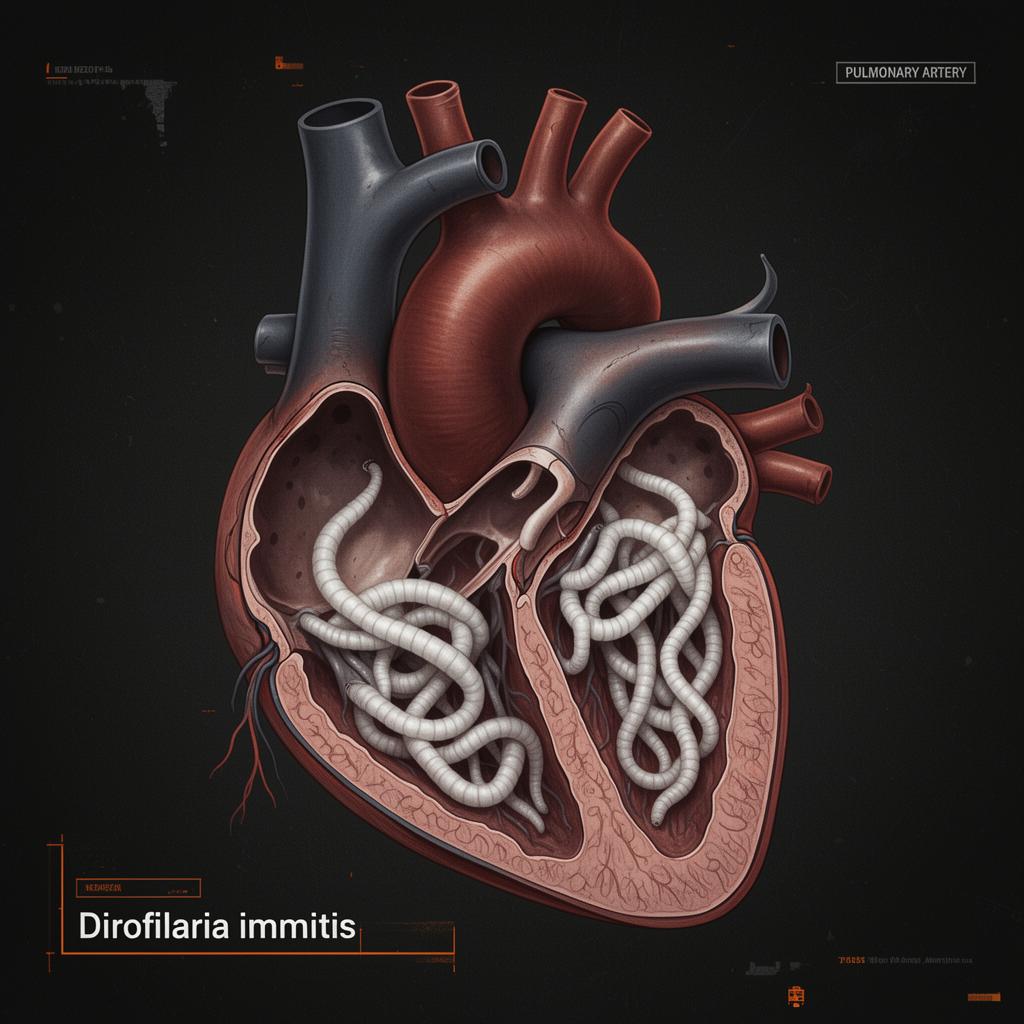 Anatomical illustration of canine heartworms (Dirofilaria immitis) inside a dog's heart