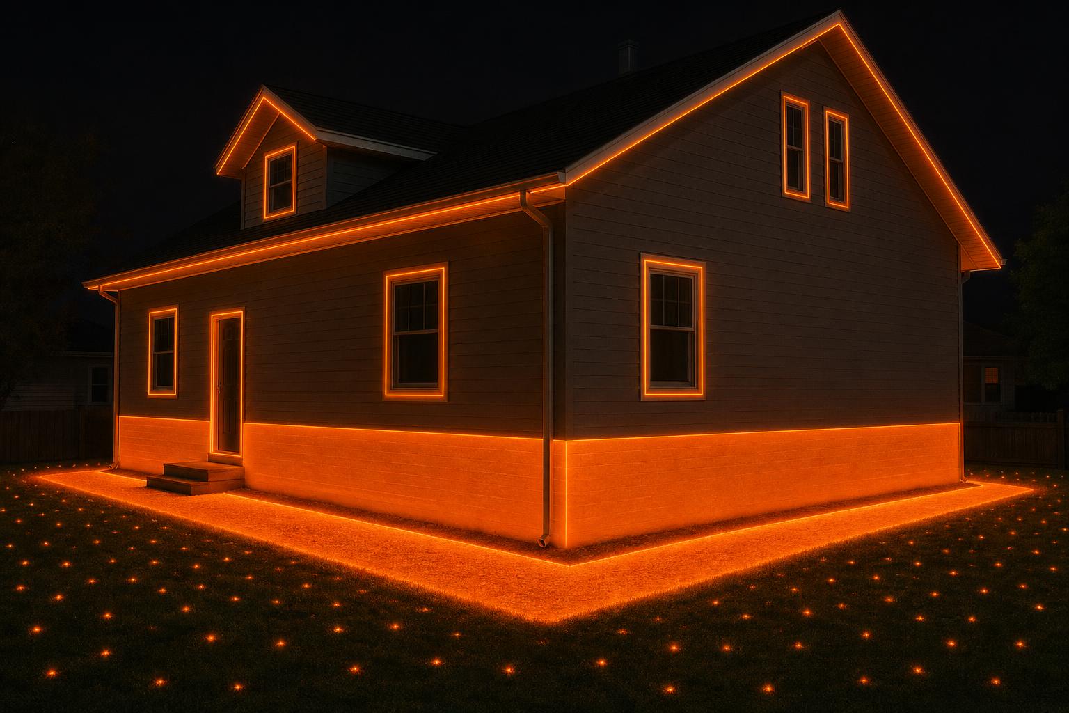Aerial view of a home with a glowing 3-foot orange perimeter barrier, 6-inch barrier around eaves doors and windows, and granule treatment spots across the yard