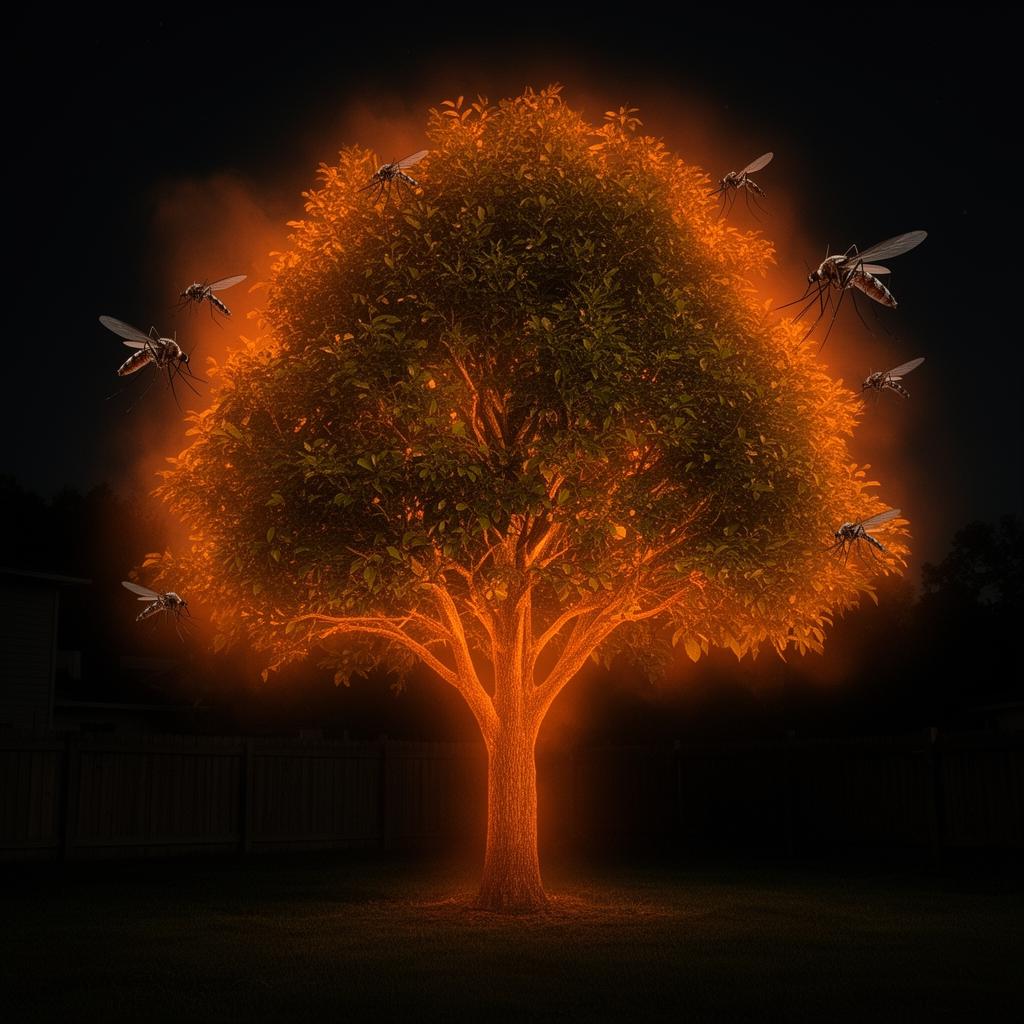 Backyard tree wrapped in a glowing orange protective barrier blocking mosquitoes