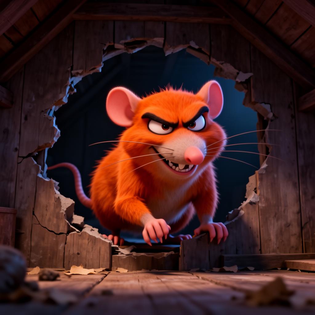 Cartoon orange mouse entering an attic through a hole