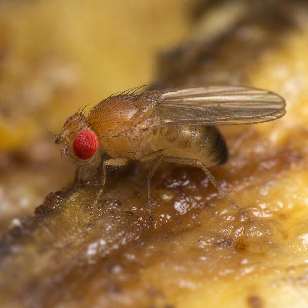 Macro photo of a red-eyed fruit fly