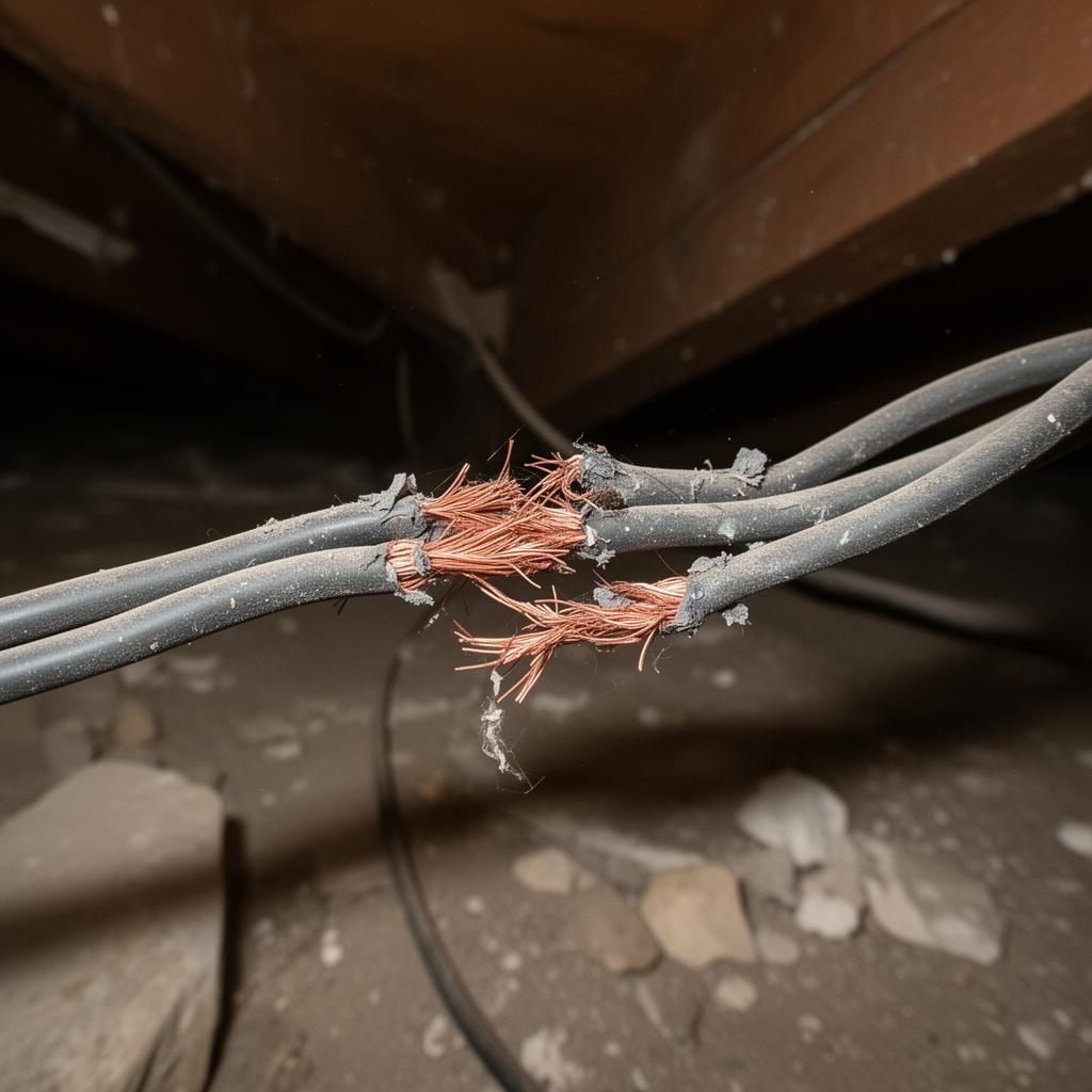 Electrical wires chewed through by rodents exposing copper strands