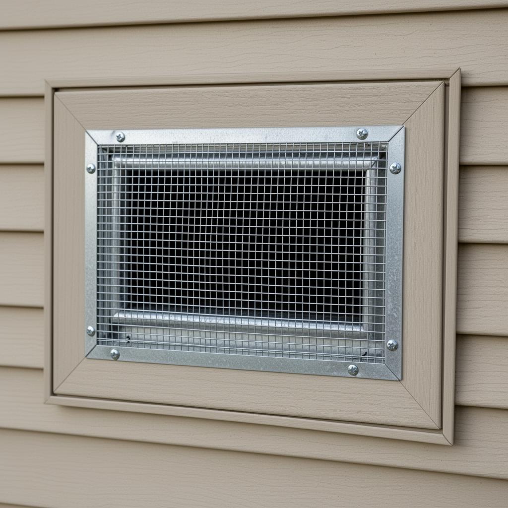 Steel exclusion screen mesh installed over a rectangular foundation vent on the side of a house