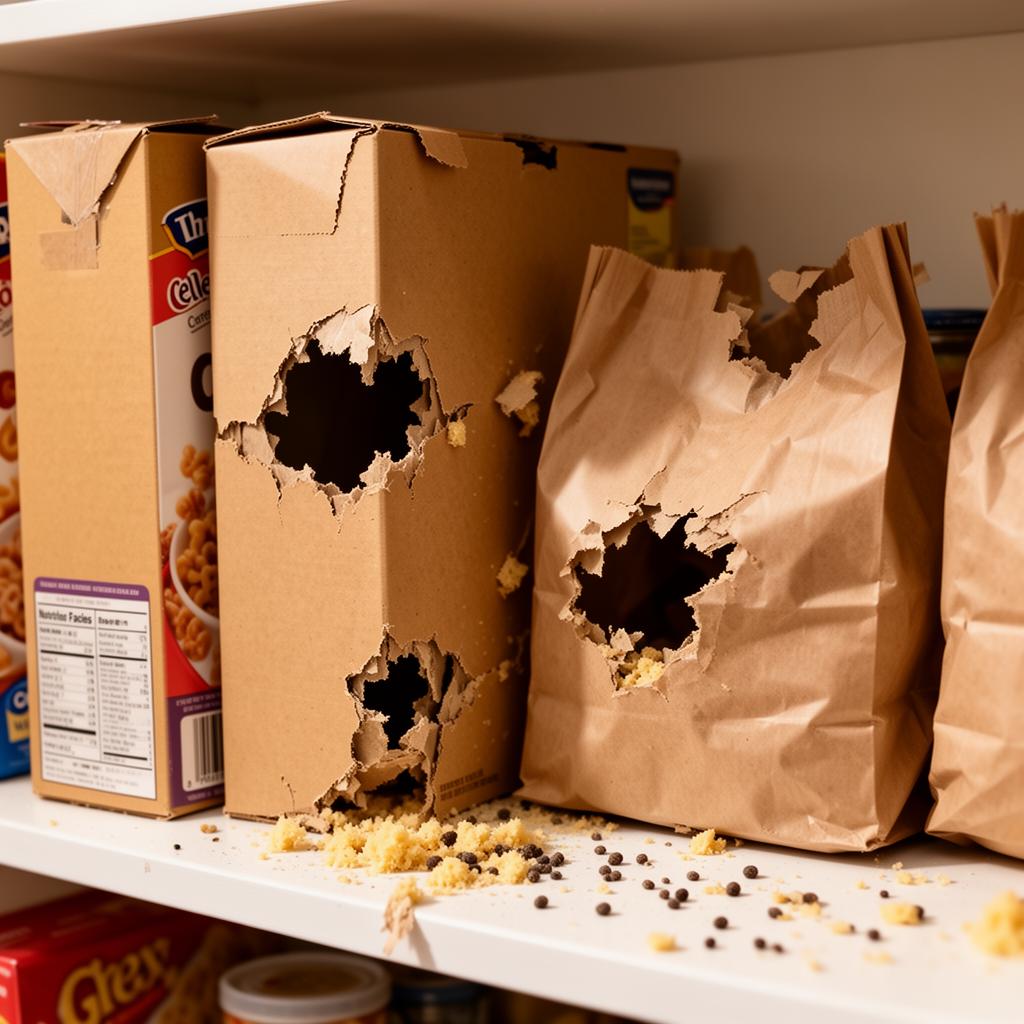 Cardboard food boxes and bags in a pantry chewed through by rodents