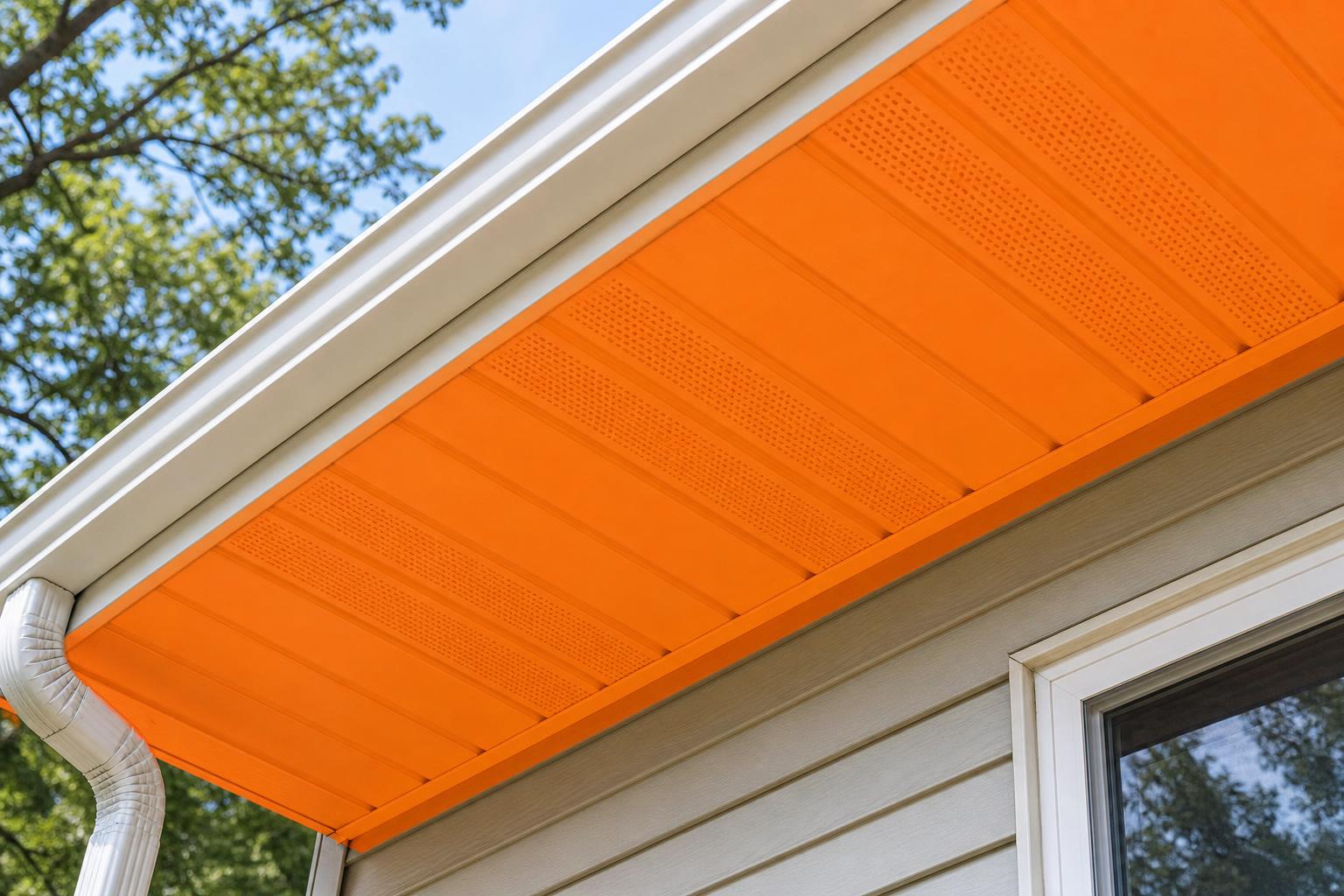 Close-up of a home soffit and eave highlighted in orange treatment coverage