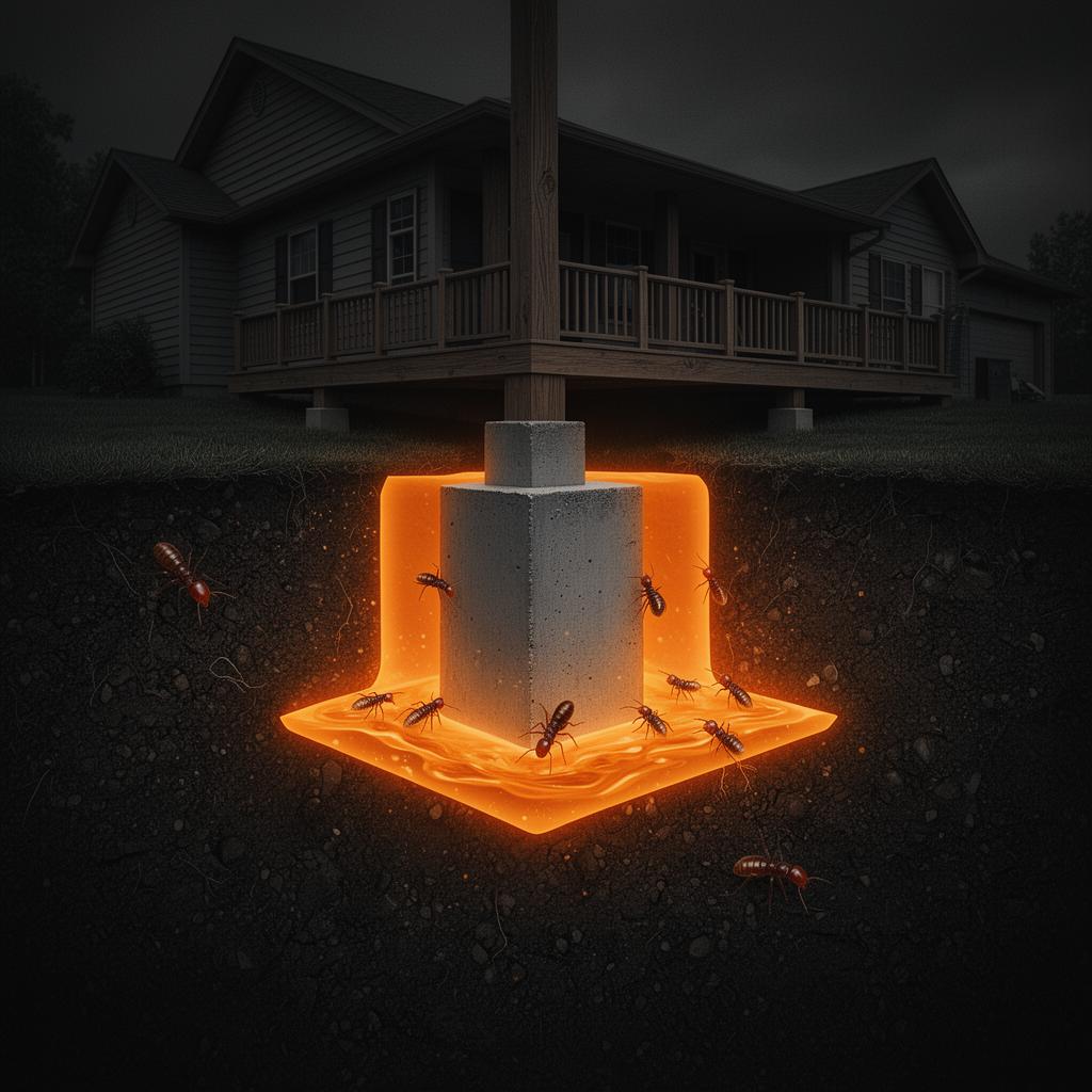 Cutaway illustration of a home foundation protected by a glowing orange liquid termite barrier blocking termites in the soil