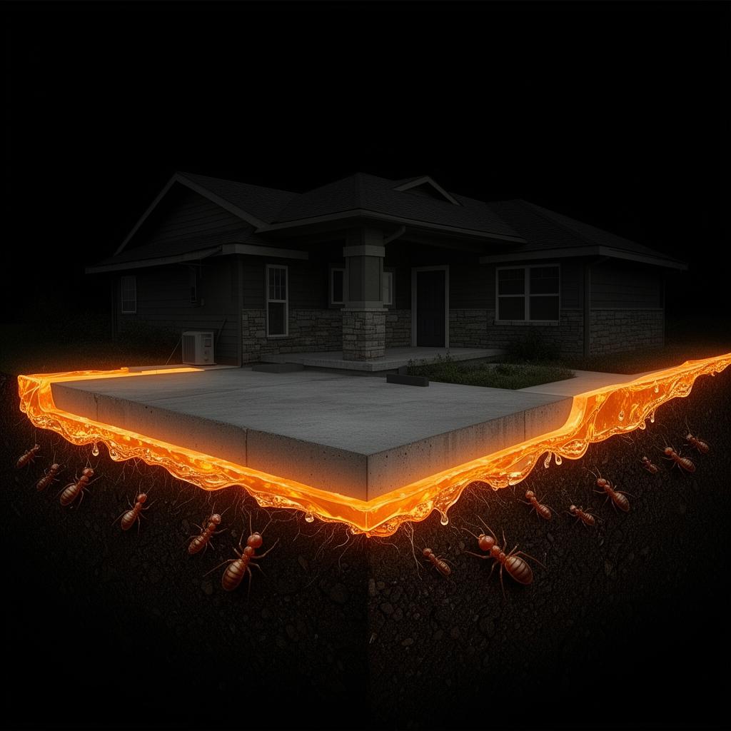 Cutaway illustration of a home on a monolithic slab foundation surrounded by a glowing orange liquid termite barrier