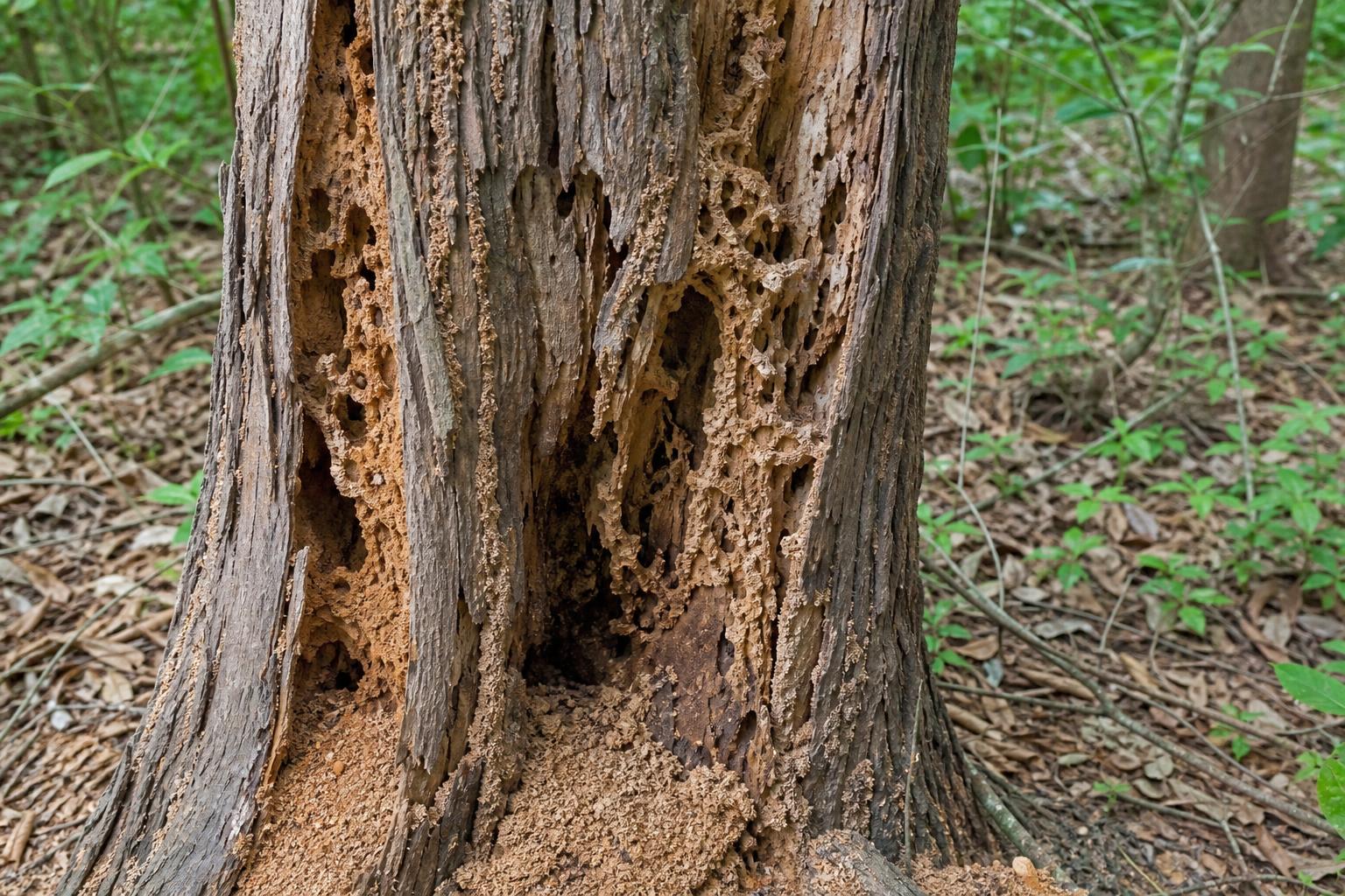 Severe termite damage hollowing out the trunk of an outdoor tree