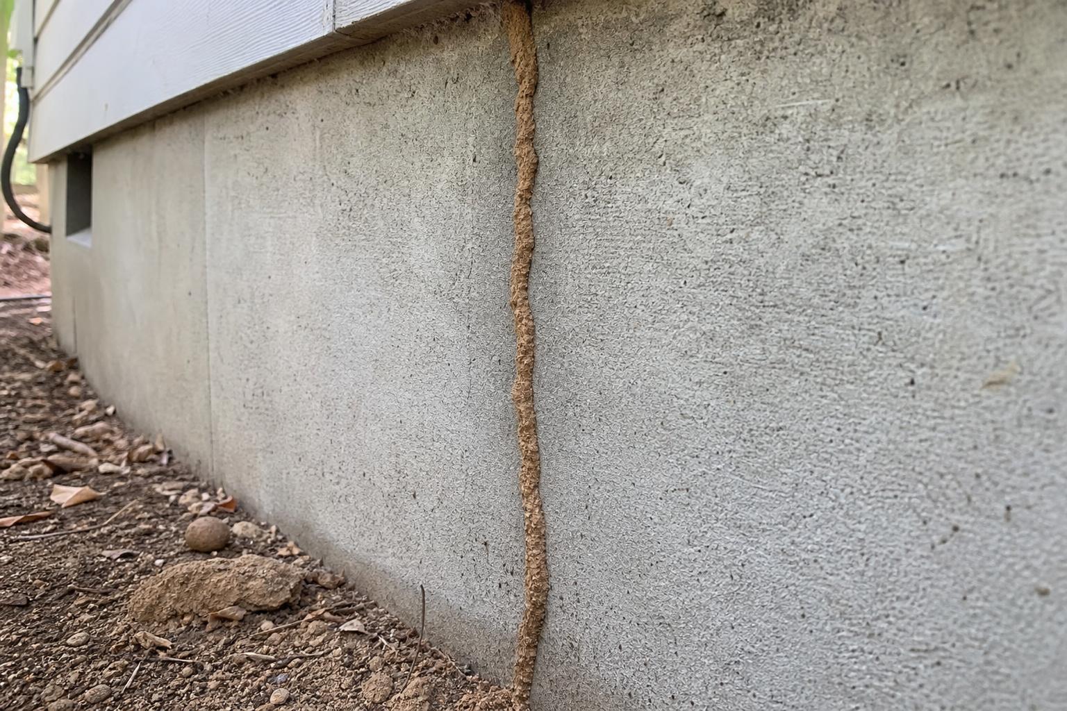 Termite mud tube running up a home's concrete foundation wall