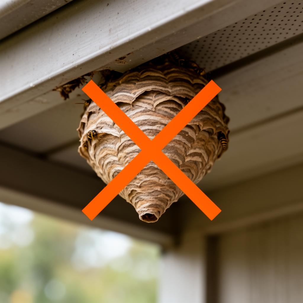 Paper wasp nest under an eave with a bold orange X over it