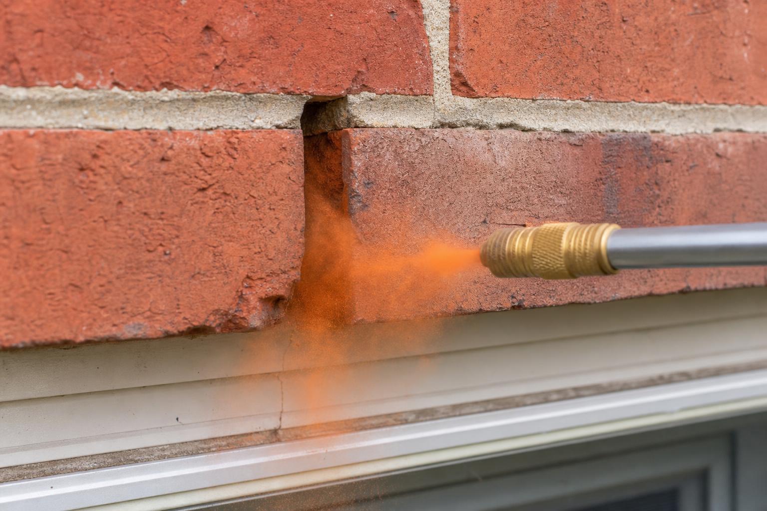 Orange pesticide dust being applied into a weep hole above a window