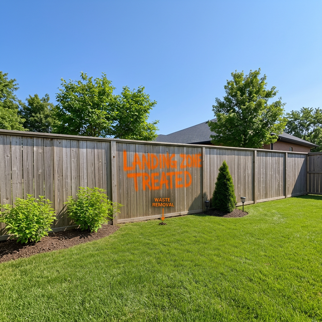 Backyard with fence reading Landing Zone Treated and a labeled waste removal pile