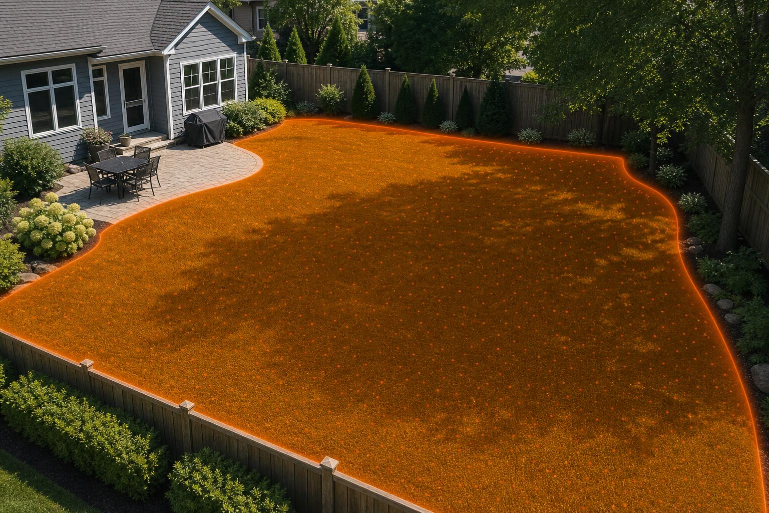 Aerial view of a backyard with orange flea and tick treatment zone overlay